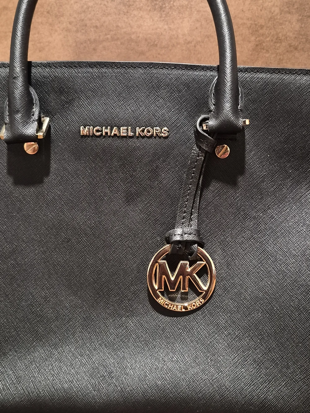Michael Kors Black Saffiano Leather Satchel with Gold MK Charm